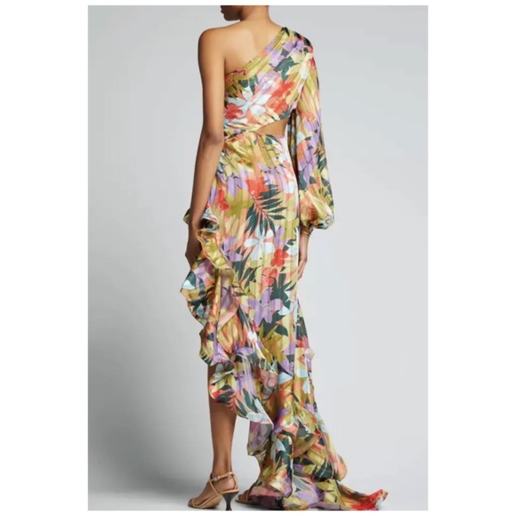 Bronx and Banco Tropics Violet One-Sleeve Ruffle Silk Maxi Dress Size XS - Picture 3 of 3